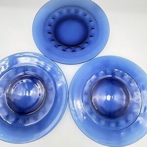 Crown Thumbprint Cobalt Blue Glass Dinner Plates Scalloped Textured Rim Set